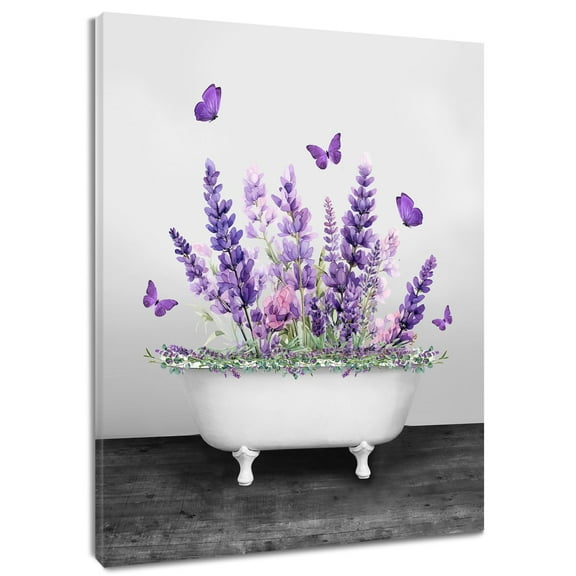 Purple Floral Canvas Wall Art Funny Lavender Botanical Butterfly Black and White Bathtub Prints Posters Living Room Decor Modern Home Art Bedroom Bathroom Office Wall Decor,12x12 Inches