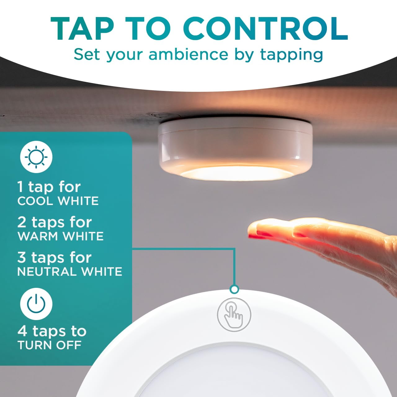 Brilliant Evolution Stick On Puck Lights - Battery Powered Cabinet Lights for Kitchen Under Cabinet Lighting - Wireless Tap On LED Touch Light, 3000K Warm White with Easy Installation - 9x9x2-Inch