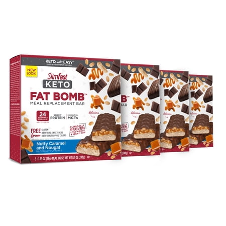 SlimFast Keto Meal Replacement Bar, Nutty Caramel & Nougat, 5 Count Box, Pack of 4