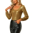 thumbnail image 4 of INSPIRE CHIC Women's Metallic Shimmer Glitter Bishop Sleeve Scoop Neck Party Top Shirt XS Dark Gold, 4 of 6