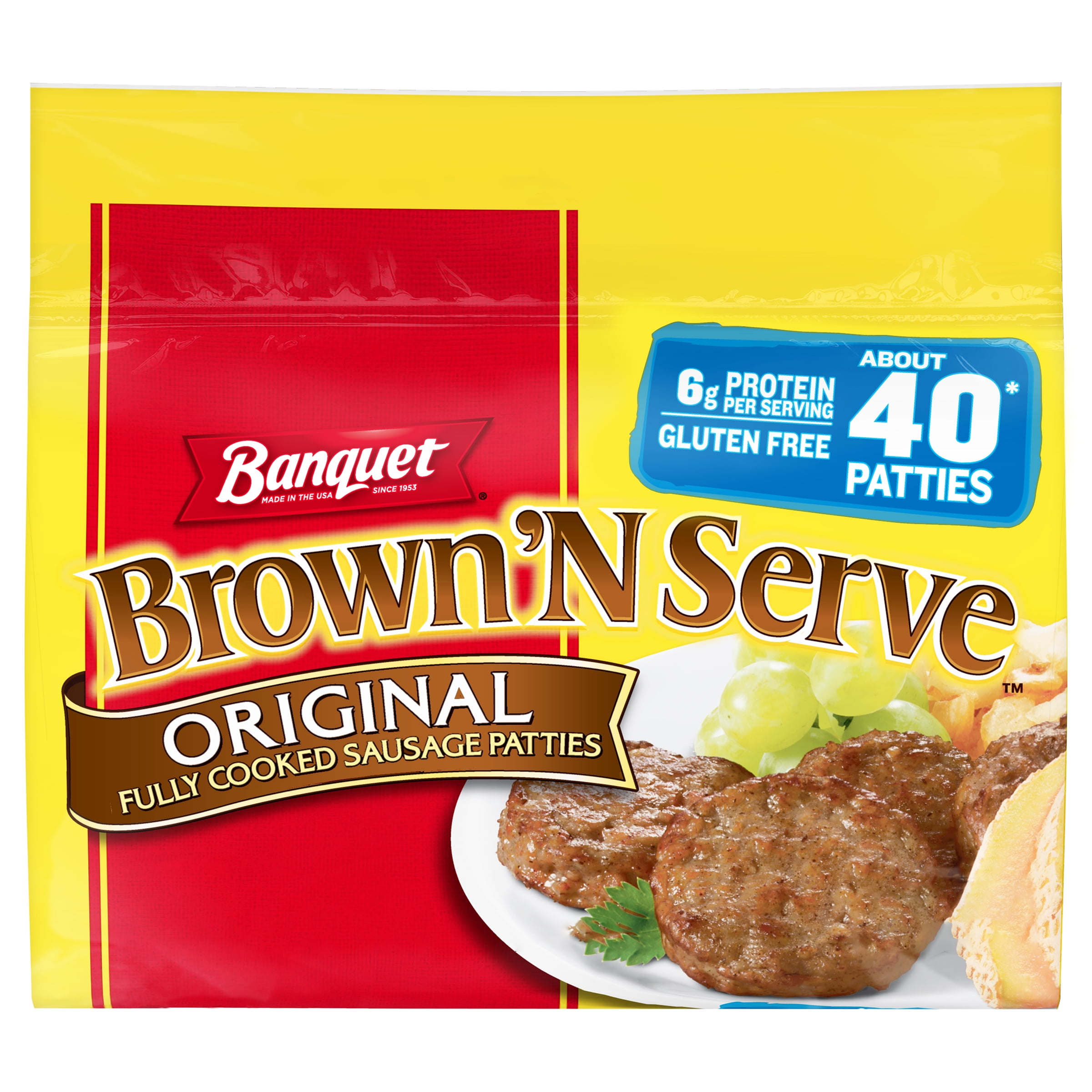 Banquet Brown 'N Serve Fully Cooked Original Sausage Patties, 32 oz, 40 Ct (Frozen)