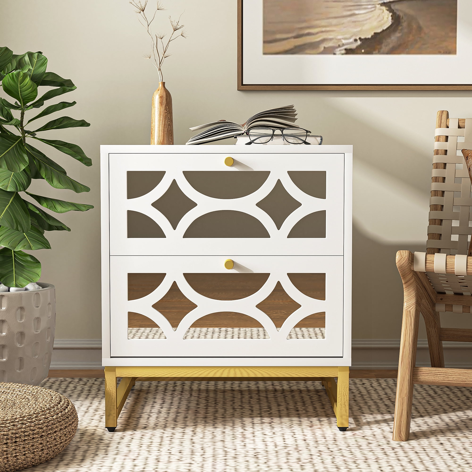 Spaco Modern Mirrored Nightstand with 2 Drawers for Bedroom Furniture Storage Bedside Table, White Spaco Modern Mirrored Nightstand with 2 Drawers for Bedroom Furniture Storage Bedside Table, White