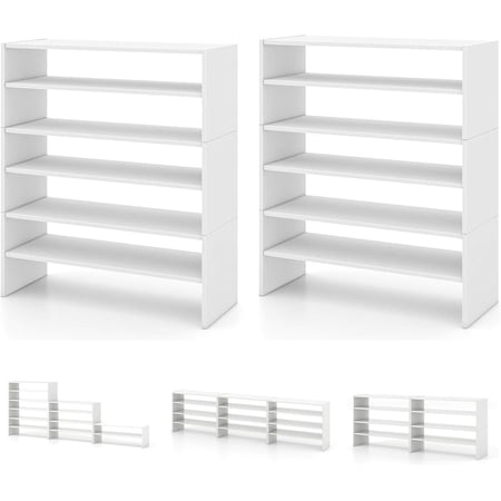 3-in-1 Vertical Shoe Rack 6-Tier Free Standing Shoe Storage Organizer w/Stackable Design for 18 Pairs 31 Inch Wide Wood Shoe Shelf for Closet Entryway Living Room Office (2 White)