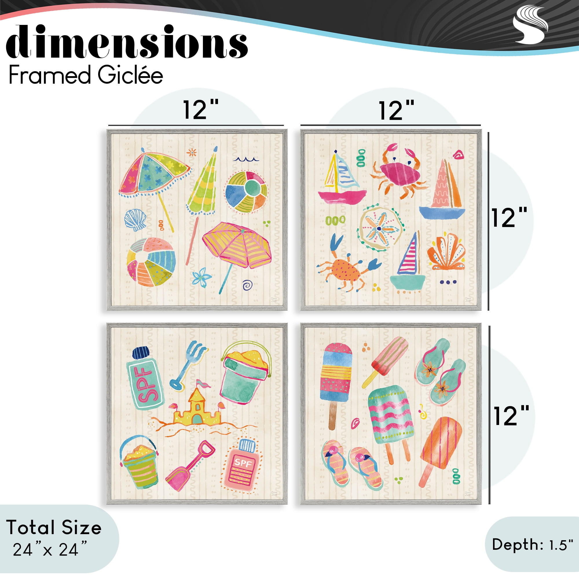 Stupell Industries Beach & Boats Collection 4 Piece Gray Framed Giclee Art Set, design by Dina June