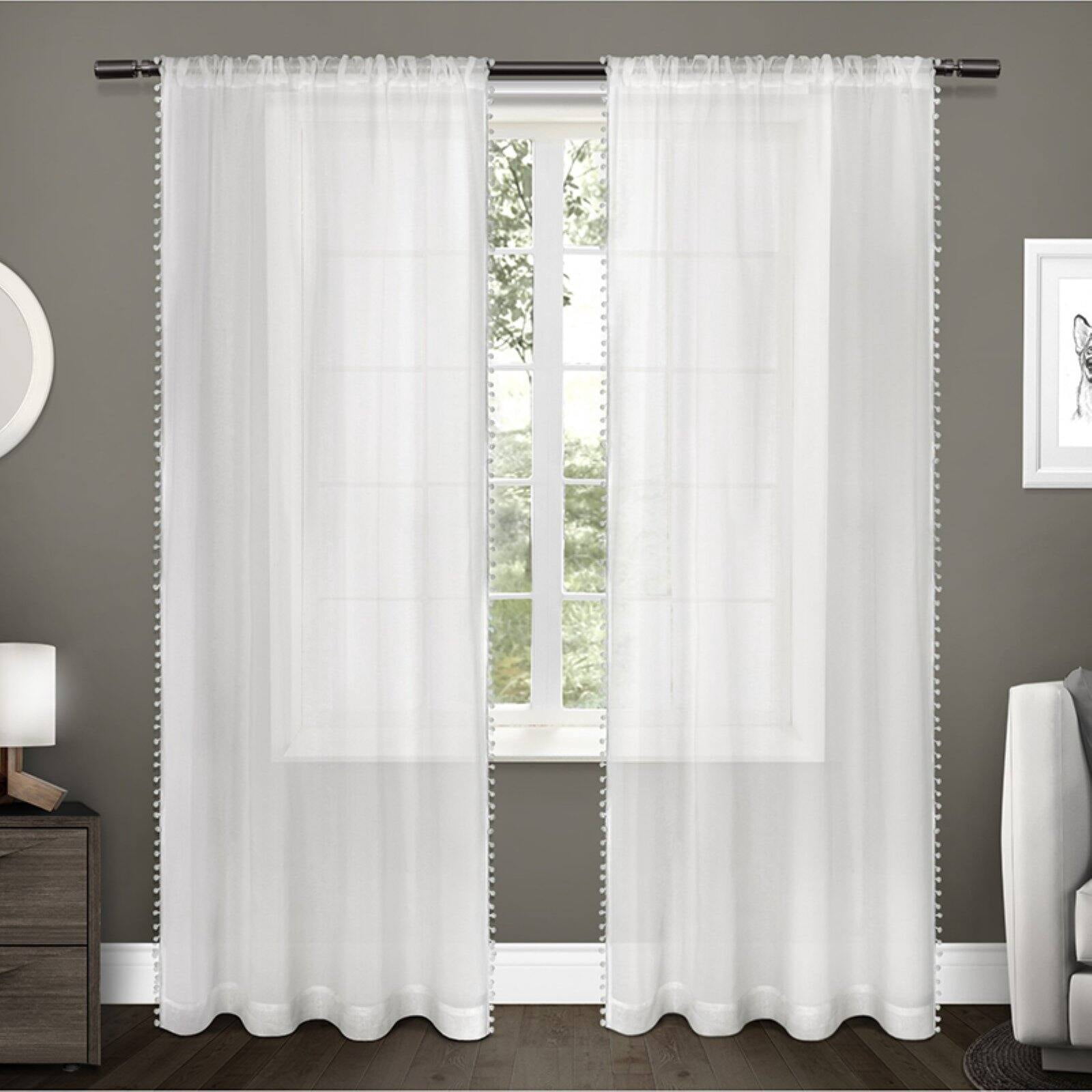 Exclusive Home Curtains 2 Pack Pom Pom Applique Bordered Textured Sheer Rod Pocket Curtain Panels