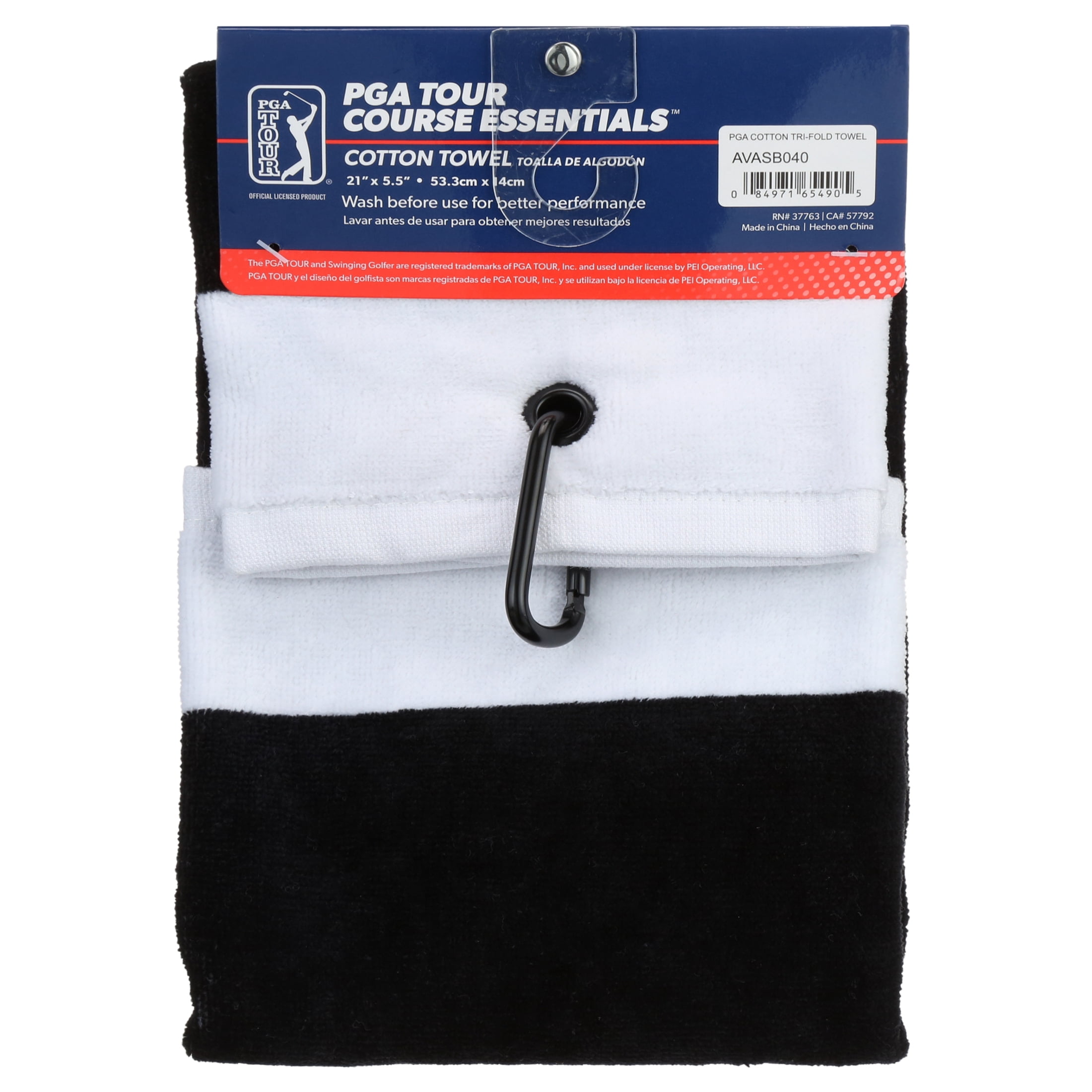PGA TOUR Classic Cotton Tri-Fold Golf Towel - Black w/ Carabiner Clip, Highly Absorbent