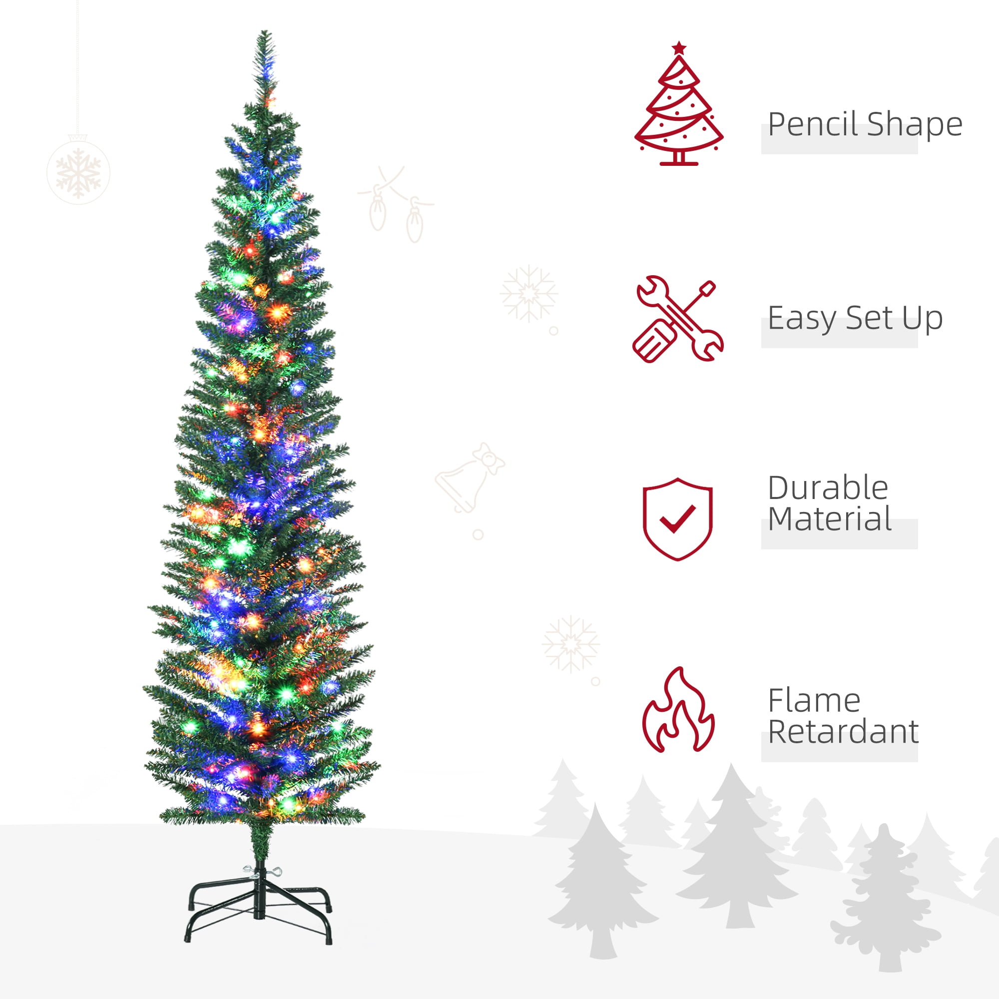 6FT Green Slim Pencil Artificial Christmas Tree, 390 Tips with Pine Cones 150 Multi-Colored LEDs, Hinge Section Design, Flame Retardant Steel Base, Indoor Holiday Decor