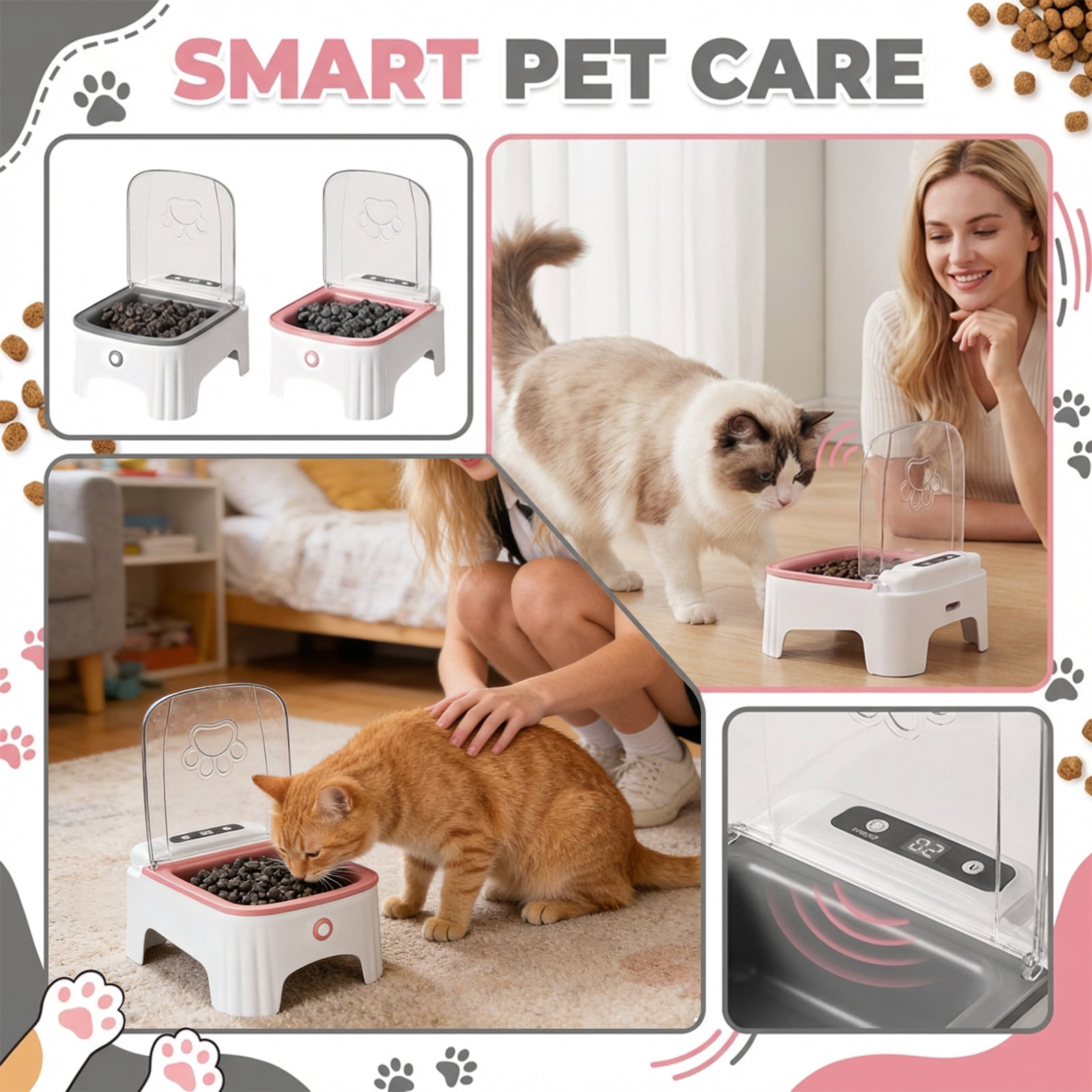Automatic Cat Feeder Dog Feeder with Wireless Motion Sensor Smart Timed Open Lid for Freshness Preservation Cat Food Bowl，Gray