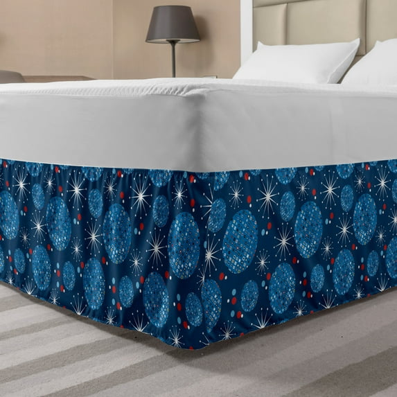 Abstract Bed Skirt, Geometric Pattern Circles with Square Shapes and Dots Dandelion Motifs on Blue, Elastic Bedskirt Dust Ruffle Wrap Around for Bedding Decor, 4 Sizes, Multicolor, by Ambesonne