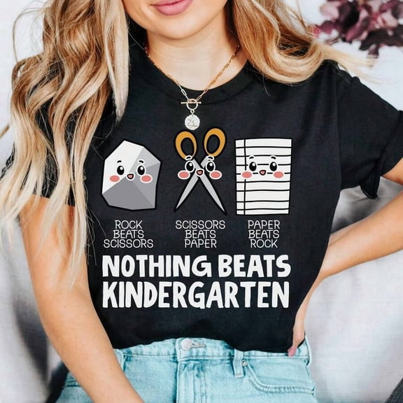 【New Arrival】Nothing Beats Kindergarten Graphic T-Shirt, Rock Paper Scissors Teacher Crewneck Short Sleeve Tee, Back To School Unisex Casual Top