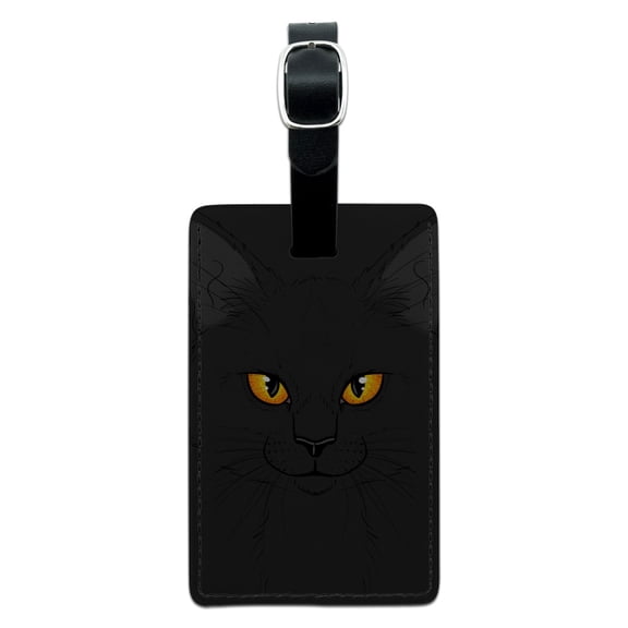 Black Cat Face Pet Kitty Rectangle Leather Luggage Card Suitcase Carry-On ID Tag