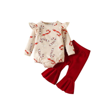 

Huakaishijie Toddler Baby Girls Christmas 2 Pcs Outfits Crutch Print Long Sleeve Romper + Velvet Flare Pants Set