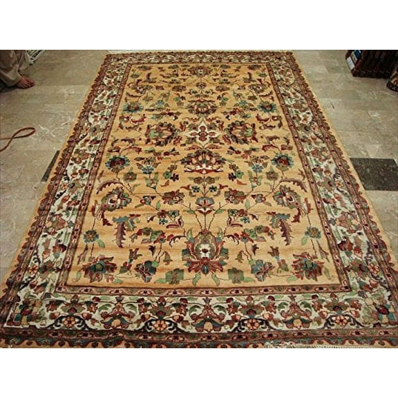 Ahmedani Linen Rectangle Area Rug Cream Love Floral Home Decor Living room & Bedroom Area Rug Hand Knotted Silk Wool Carpet (10 x 6)'