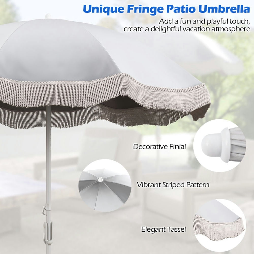 Aimee Lii 6.5 FT Beach Umbrella with Fringe Outdoor Tassel Umbrella with Push Button Tilt, Patio Umbrella, Outdoor Market Umbrella-White