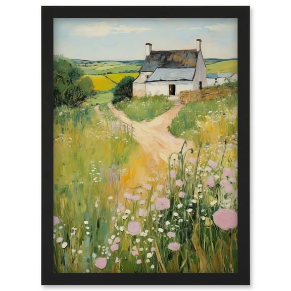 Country Farmhouse Cottage Scene Traditional Landscape Oil Painting Meadows Countryside Summer Artwork Framed Wall Art Print A4