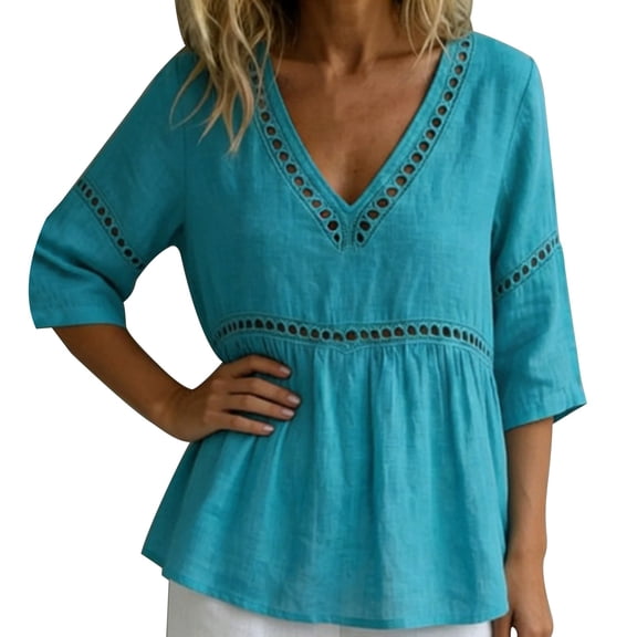 T Shirts For Women Blue Womens Tops Fashion Round Neck Button Down Middle Length Sleeve