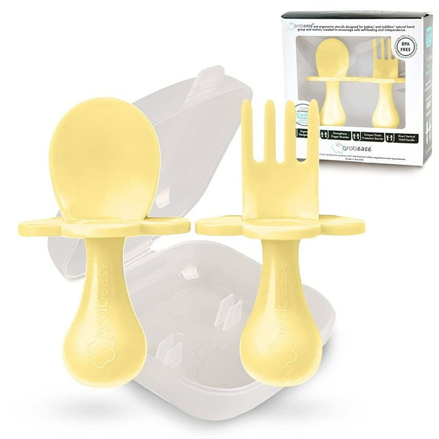 Baby and Toddler Self-Feeding Utensils – Spoon and Fork Set for Baby-Led Weaning – Made of Non-Toxic Plastic – Featuring Protective Barriers to Prevent Choking and Gagging