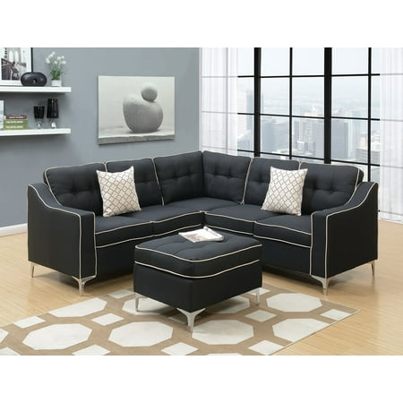 Modern Modular 4pcs L Shaped Sectional Sofa Casual Black Tufted Polyfiber Laf Raf One Arm Love Seat Corner Wedge Ottoman Living Room