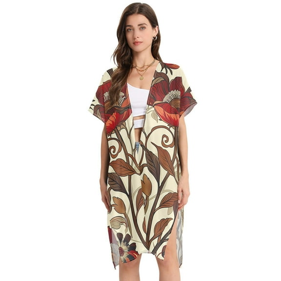 Red Flowers and Leaves Women Swimsuit Cover up V Neck Beach Dress Short Sleeve Vacation Outfits Swimwear