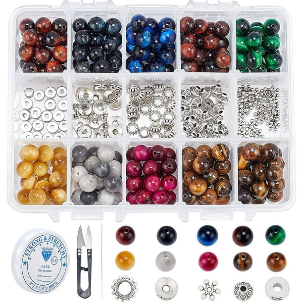 1 caja con 200 cuentas de ojo de tigre natural en 10 colores, 100 cuentas espaciadoras de diversas formas, hilo y tijeras.