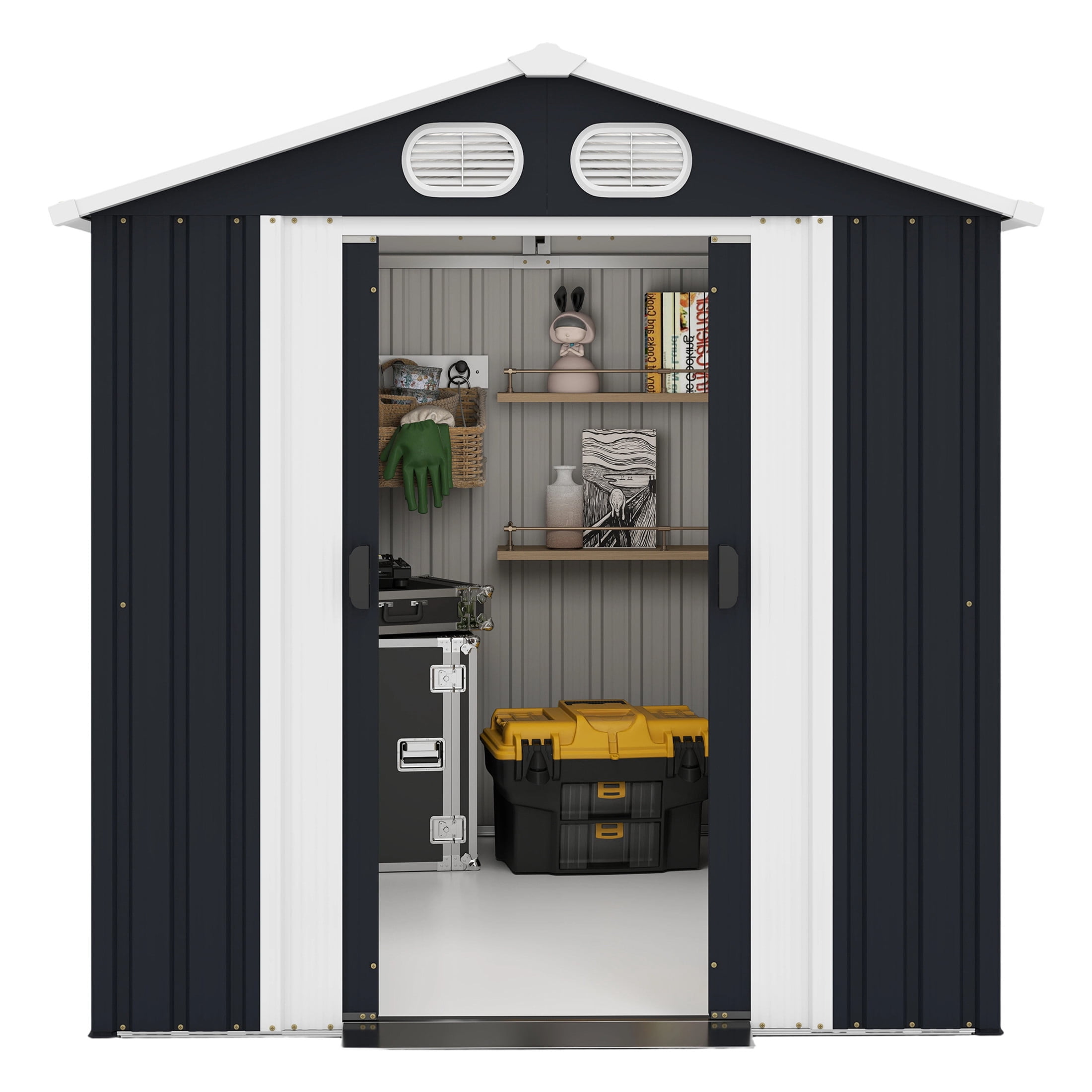 Noble House 8 x 6 FT Outdoor Metal Tool Storage Shed with Lockable Doors and Air Vents, Waterproof Garden Shed, Dark Gray