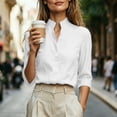thumbnail image 4 of VBVC Women's Linen Stand Collar V Neck Blouse, Ladies' Long Sleeve Work Shirt, Elegant Office Top For Women, White , S-2XL, 4 of 7