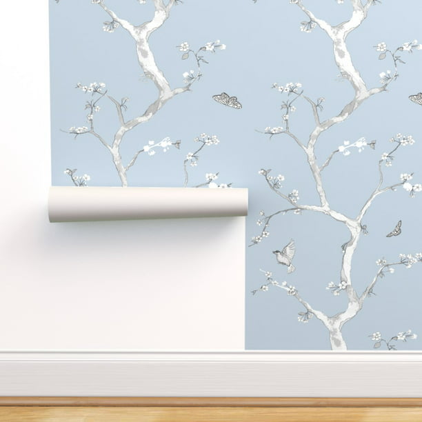 Commercial Grade Wallpaper Swatch - Modern Cherry Blossoms Chinoiserie  Flowers Bird Asian Blue Tree Traditional Wallpaper by Spoonflower -  