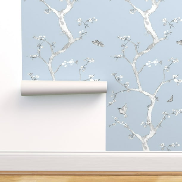 Commercial Grade Wallpaper Swatch - Modern Cherry Blossoms Chinoiserie Flowers Bird Asian Blue Tree Traditional Wallpaper by Spoonflower - Commercial Grade Wallpaper Swatch - Modern Cherry Blossoms Chinoiserie Flowers Bird Asian Blue Tree Traditional Wallpaper by Spoonflower -