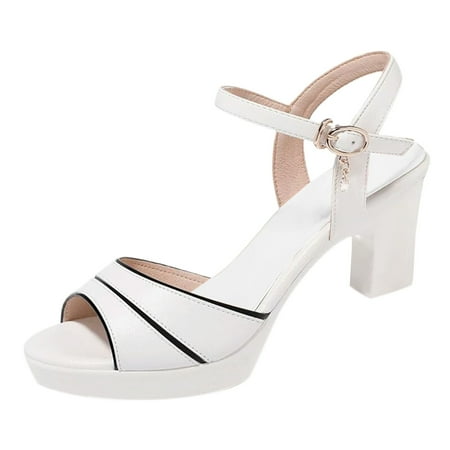

iOPQO Women s sandals Fashion Womens Breathable Lace Up Shoes Chunky Heels Casual Sandals Shoes Thick Heel Buckle White 37