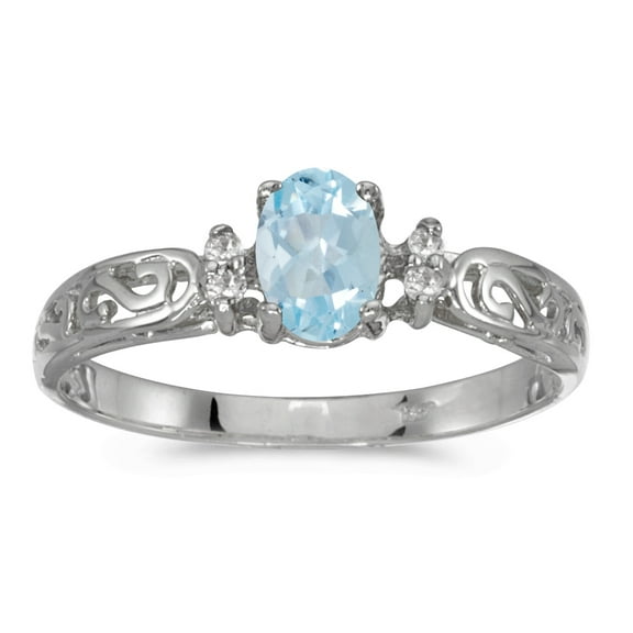 10k White Gold Oval Aquamarine And Diamond Ring