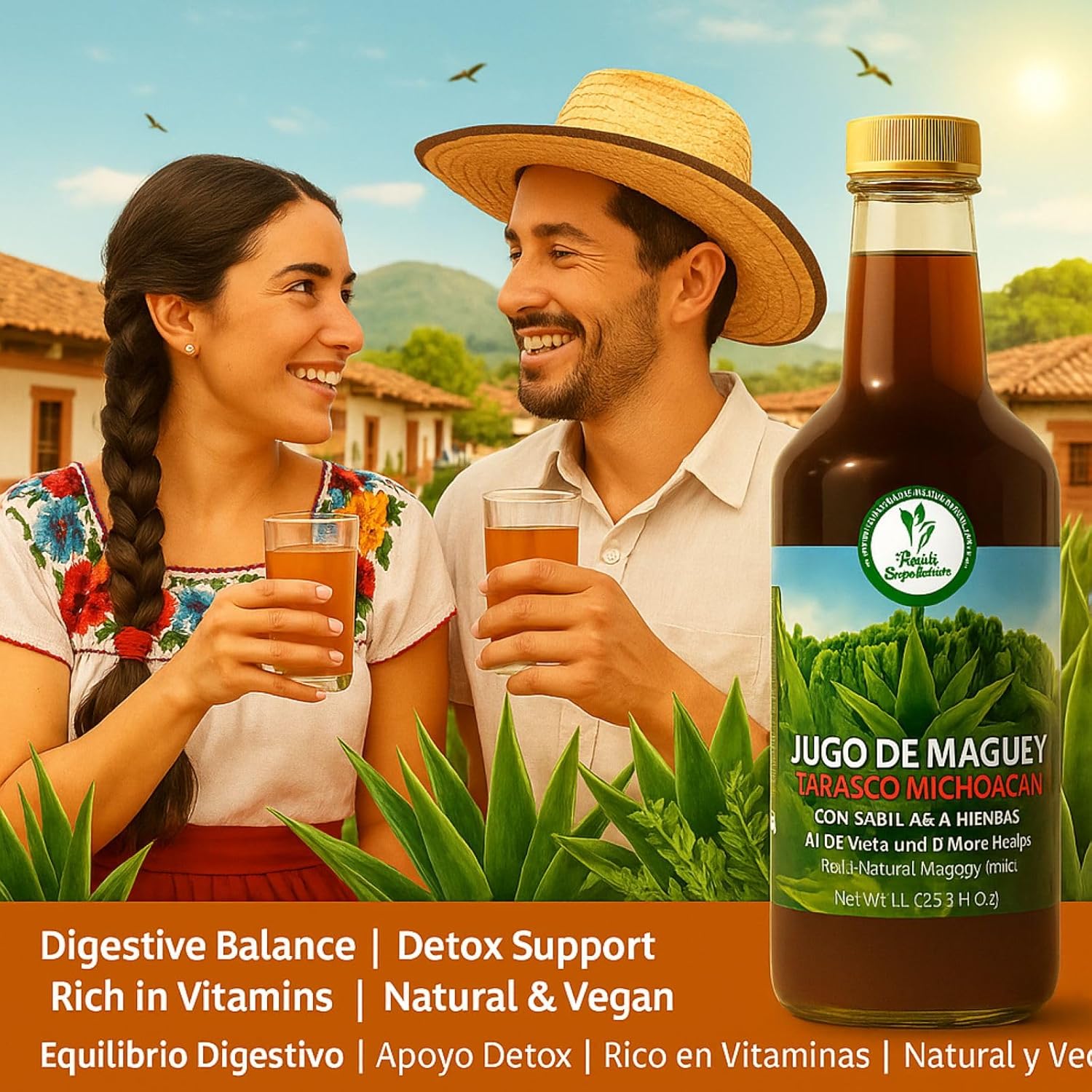Maguey Jugo(Juice) w/ Aloe Vera & 6 Herbs (Sábila y 6 Hierbas)–1000 ml (1 L) Pure Agave Juice – 100% Artisanal, Vegan, Non-GMO–Natural Digestive Support