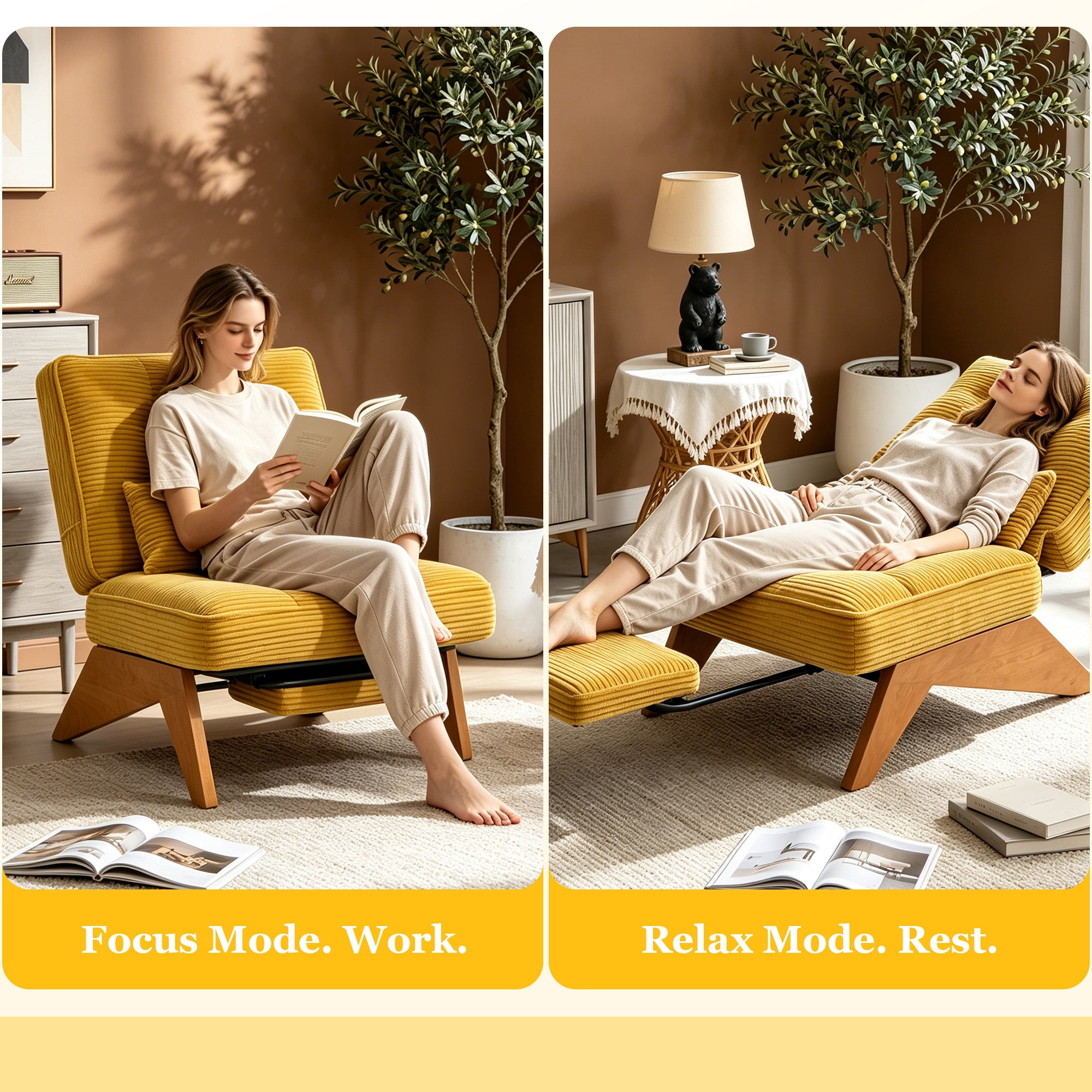 MOONMISS Modern Adjustable Lounge Chair with Footrest,Wooden Base Upholstered Recliner for Reading Rest Corduroy