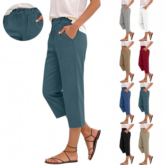 Miluxas Women's Lightweight Business Casual Capri Pants Elastic Waistband Tapered Loose Fit Capris with Pockets for Summer Daily Wear Loungewear White