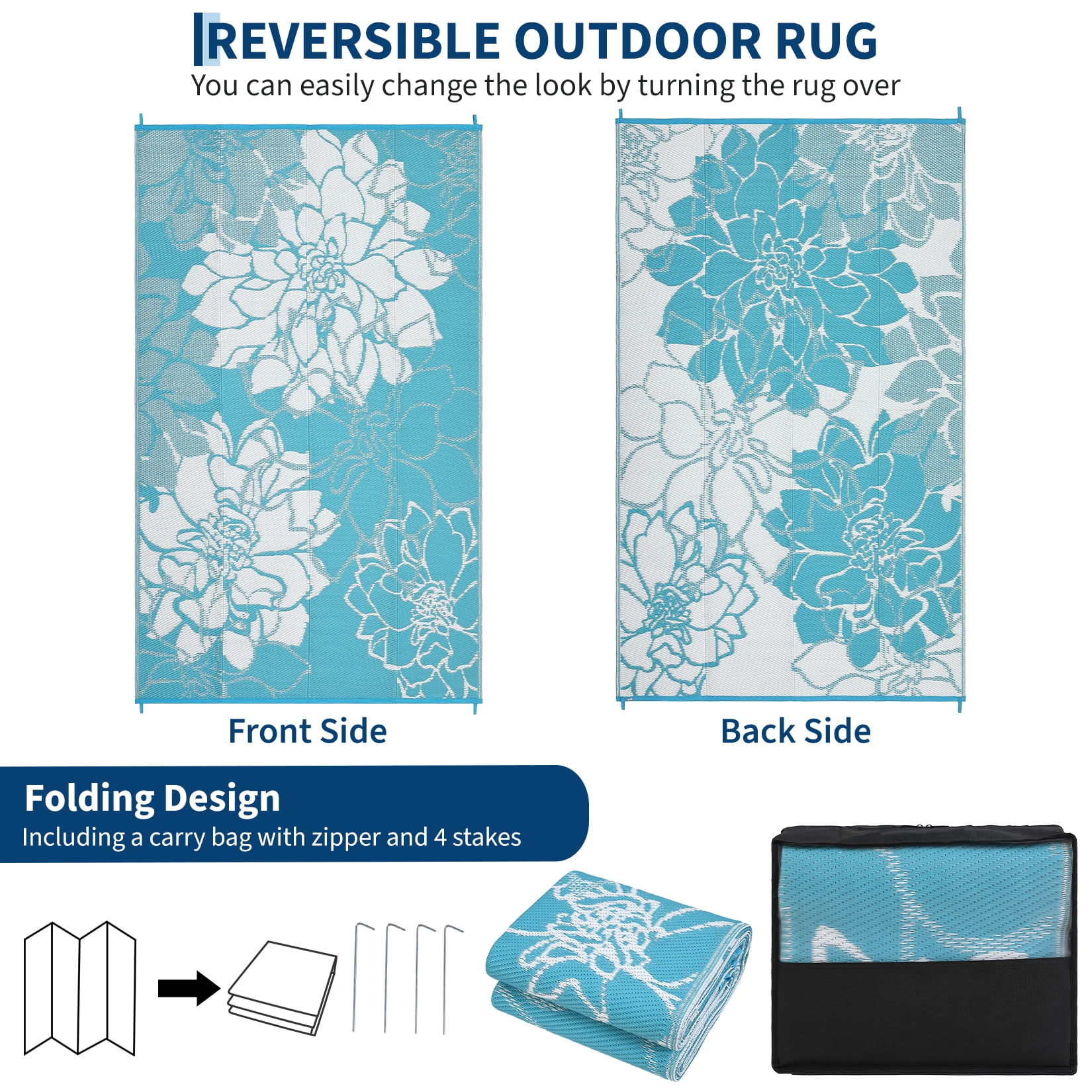 Hasoo 9' x 18' Light Blue Outdoor Rug for Patio Decor Waterproof Plastic Straw Modern Geometric Carpet PP Tube Woven Portable Camping Mat for Picnic Balcony