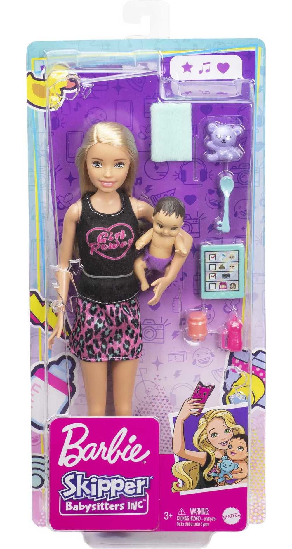 Barbie Skipper Babysitters Inc Set with Blonde Doll in 'Girl Power' Top, Baby Doll & 4 Themed Pieces