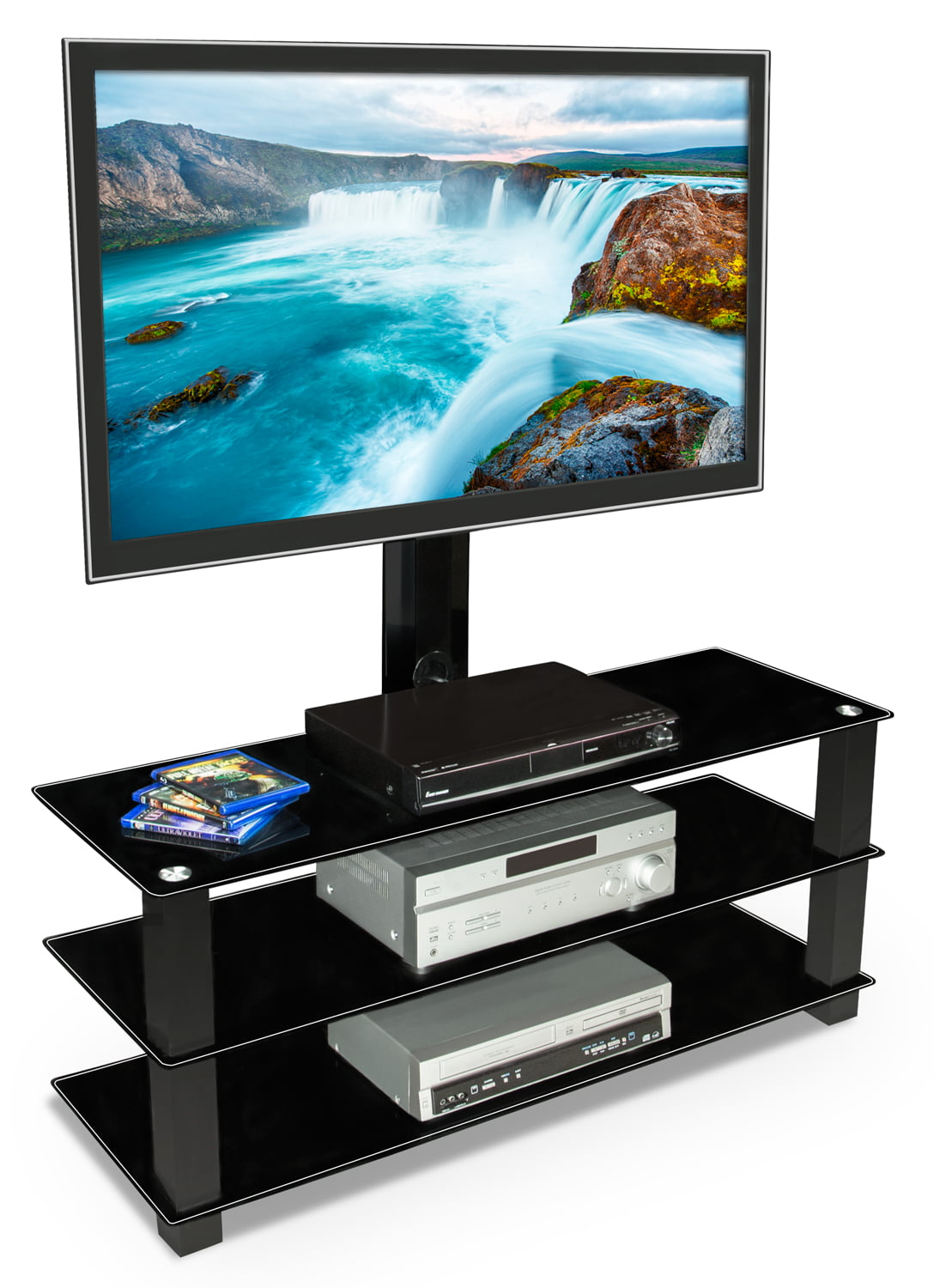 TV Center Stand With Mount and Glass Shelves for Audio Video Consoles Mount-It
