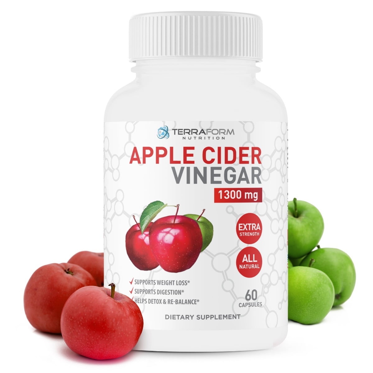 Pure Apple Cider Vinegar Capsules - 1300mg - Supports Weight Loss, Detox, Cleanse - Increased Metabolism & Energy, Improved Digestion - Natural & Potent - 1 Month