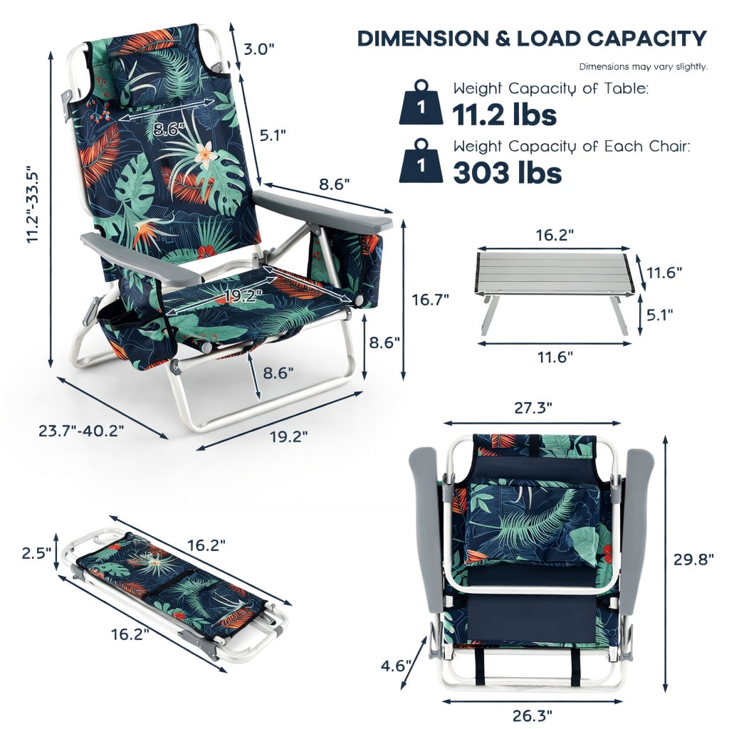 Hommoo 2-Pack Portable 5-Position Reclining Beach Chairs with Folding Side Table, Lightweight Aluminum Camping & Outdoor Chair Set, Green