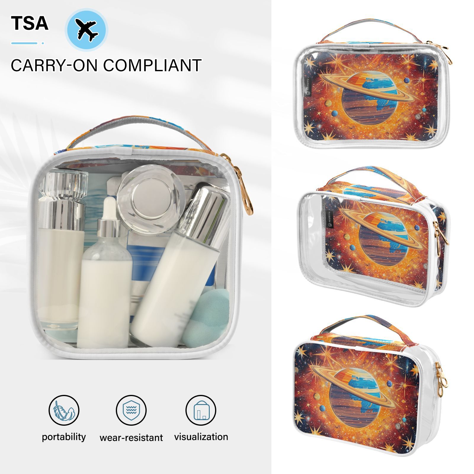 Clear Makeup Bags with Handle Large Opening 2 Pack Set Toiletry Bag Quart Size Bag, for Women Man Traveling Travel Essentials, Toiletries and Other. Planet