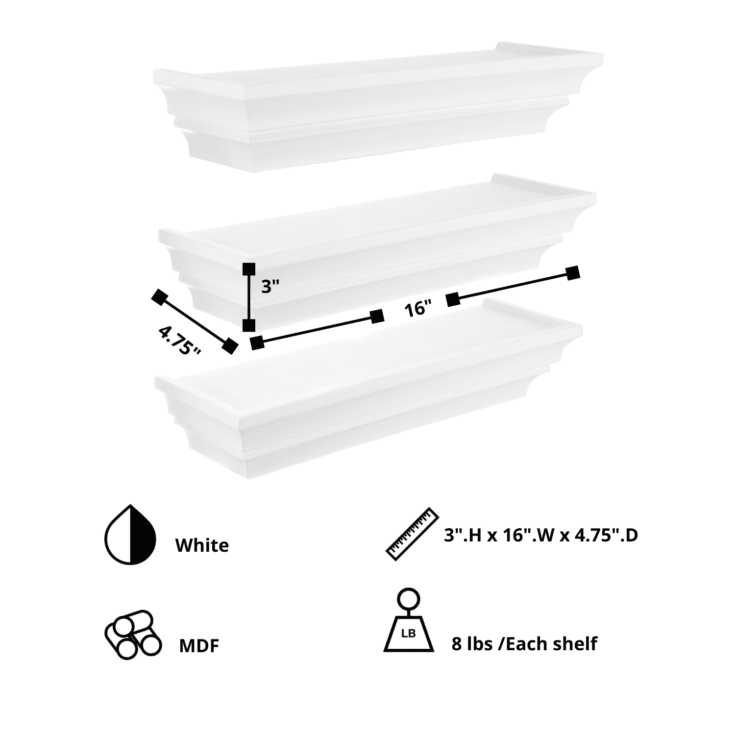 kieragrace KG Madison Contoured Floating Wall Shelf - White, 16", Set of 3
