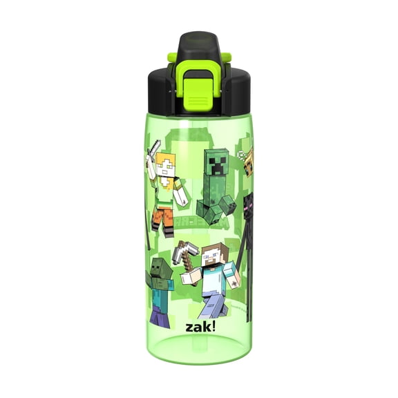 Zak Designs 25oz Durable Plastic Jubilation Water Bottle with Leak Proof Spout Cover, Straw, Push Button Lid, Flip Up Lock, and Built-in Carry Handle, Minecraft