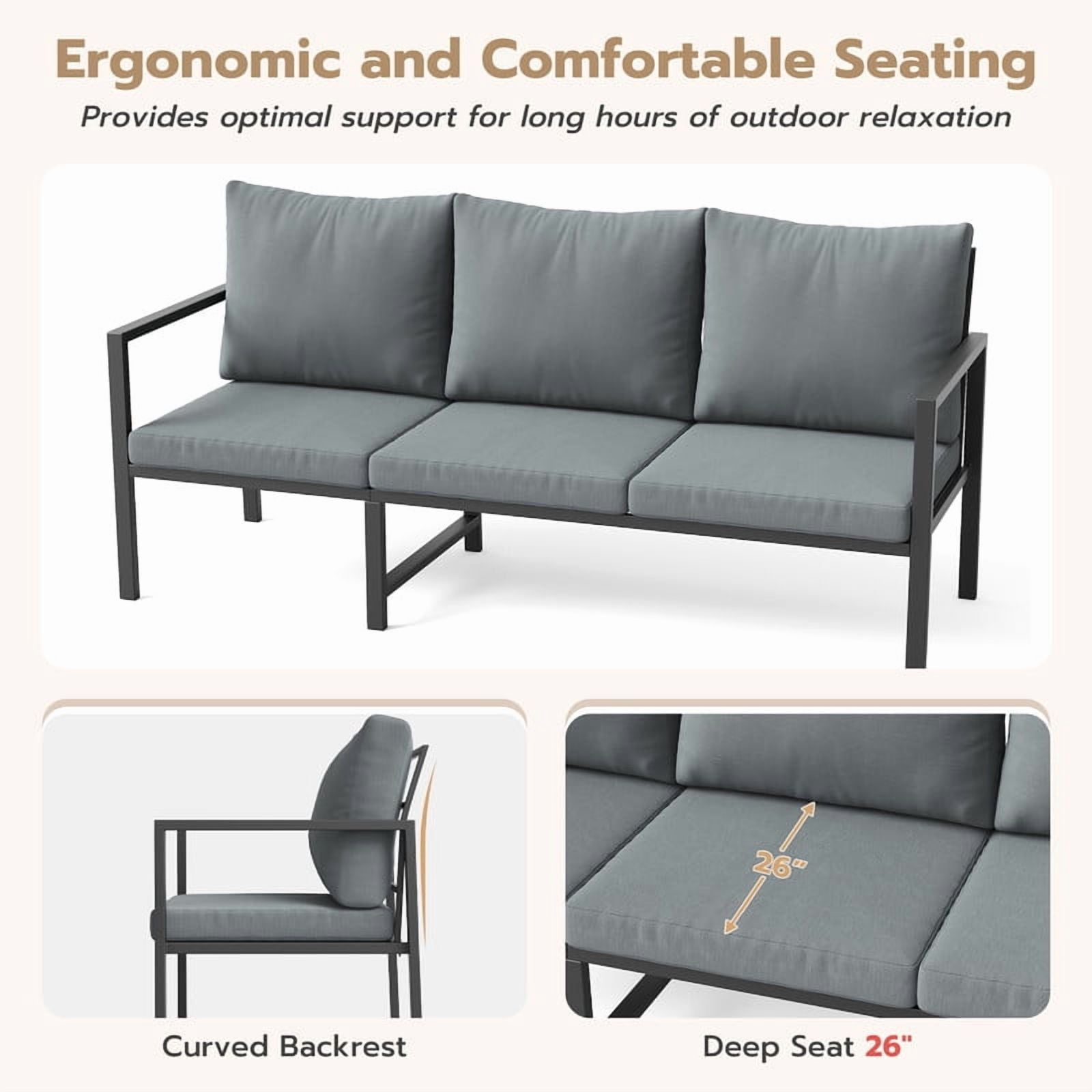 MRUAKA 6-Piece Outdoor Patio Conversation Set, Metal Frame Furniture Sofa with Armchairs & Coffee Table, Weather-Resistant Cushions for Balcony, Deck, Poolside Gray