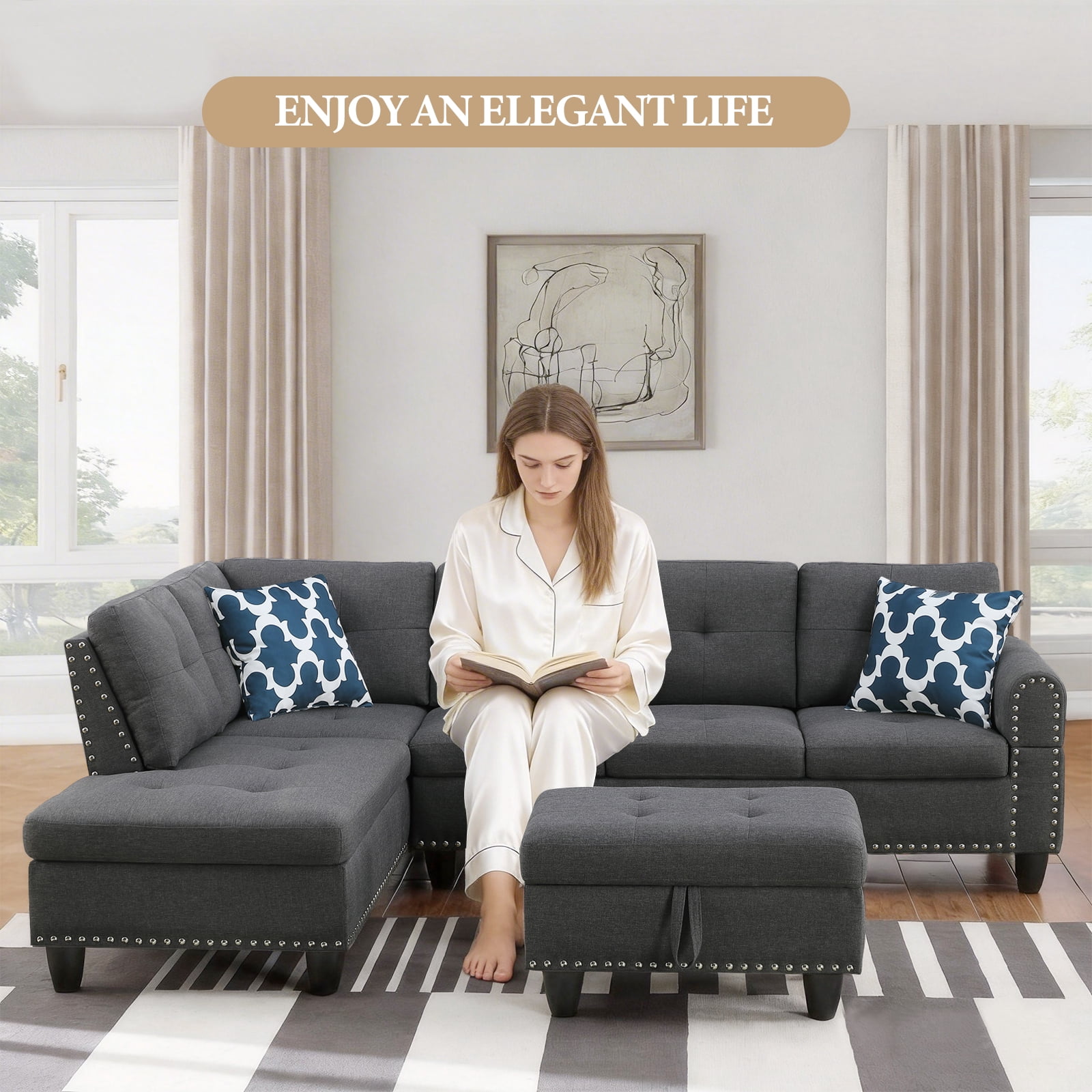 Dreamzie Flippable Backrest Sectional Sofa Set, L-Shaped Linen Modular Sectional Couches for Living Room, Apartment, Storage Ottoman,Dark Gray