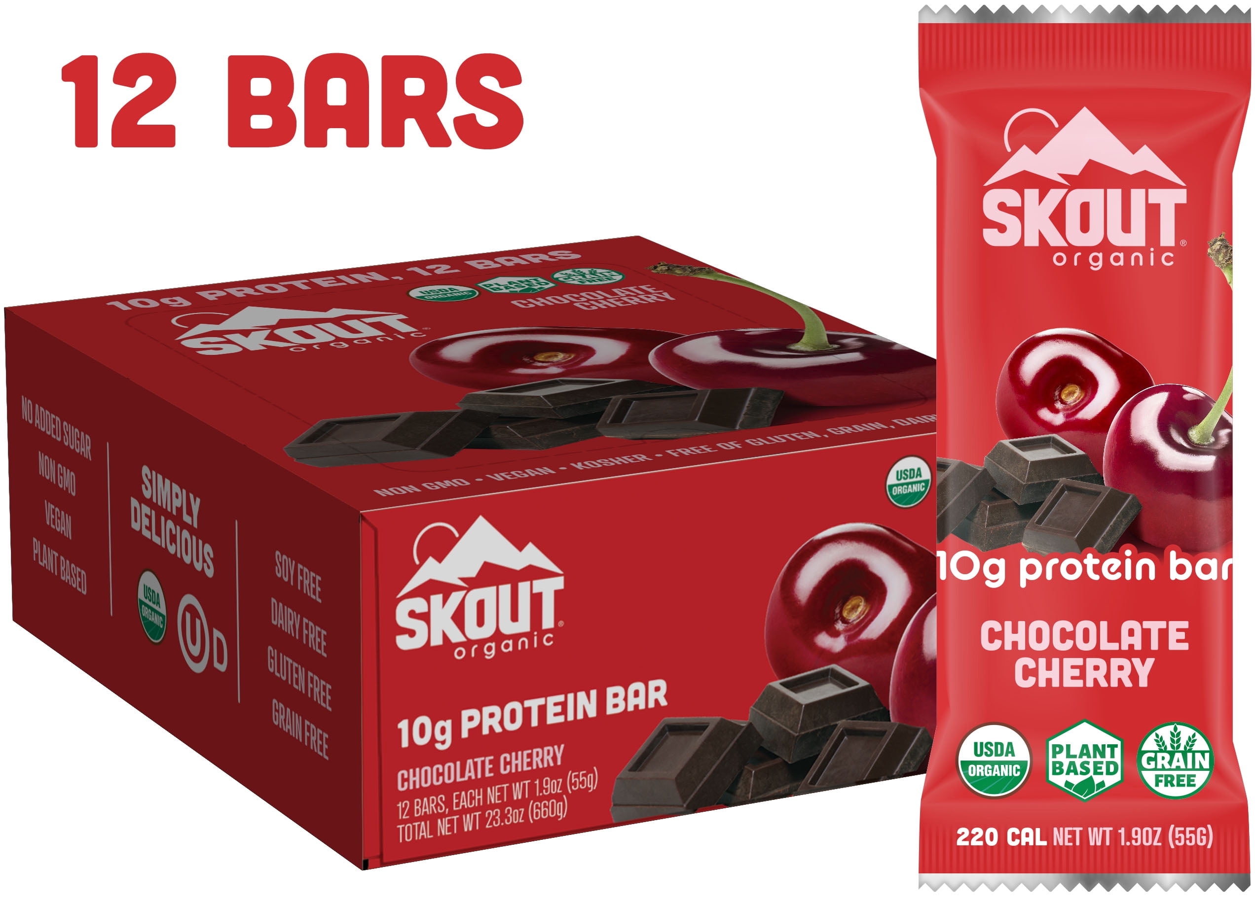 Skout Organic Protein Bars, Chocolate Cherry, 12 bars, 10g Protein, 1.9oz each