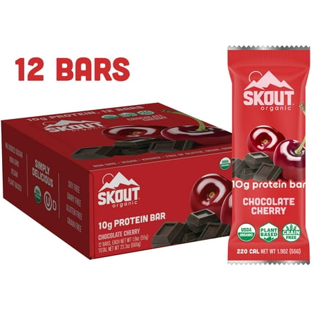 Skout Organic Protein Bars  Chocolate Cherry  12 bars  10g Protein  1.9oz each