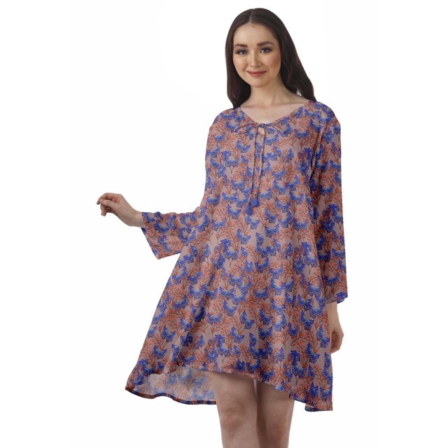 Moomaya Robe Évasée en Rayonne pour Femmes Manches Longues Imprimée Col en V Décontractée Robe de Plage pour Filles