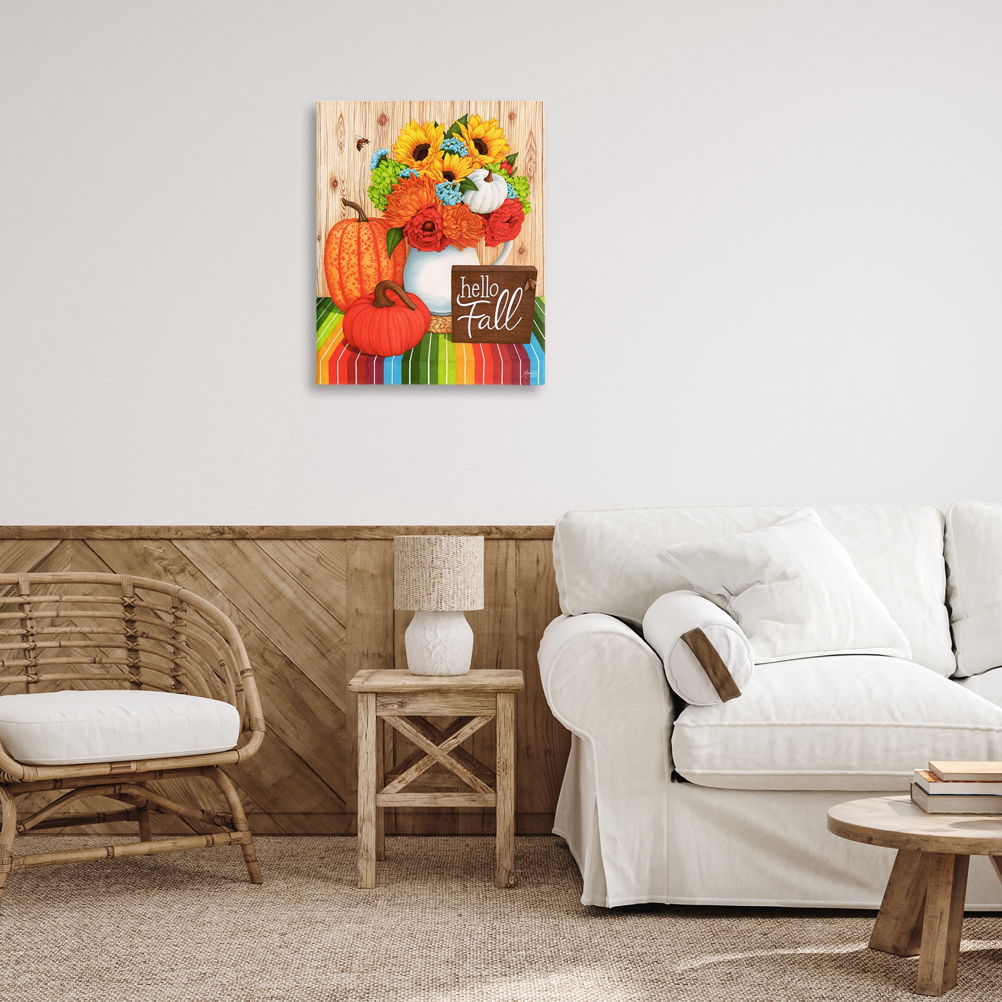 Stupell Industries Hello Fall Rainbow Pumpkins Holiday Painting Gallery Wrapped Canvas Art Prints Wall Art, 24 x 30