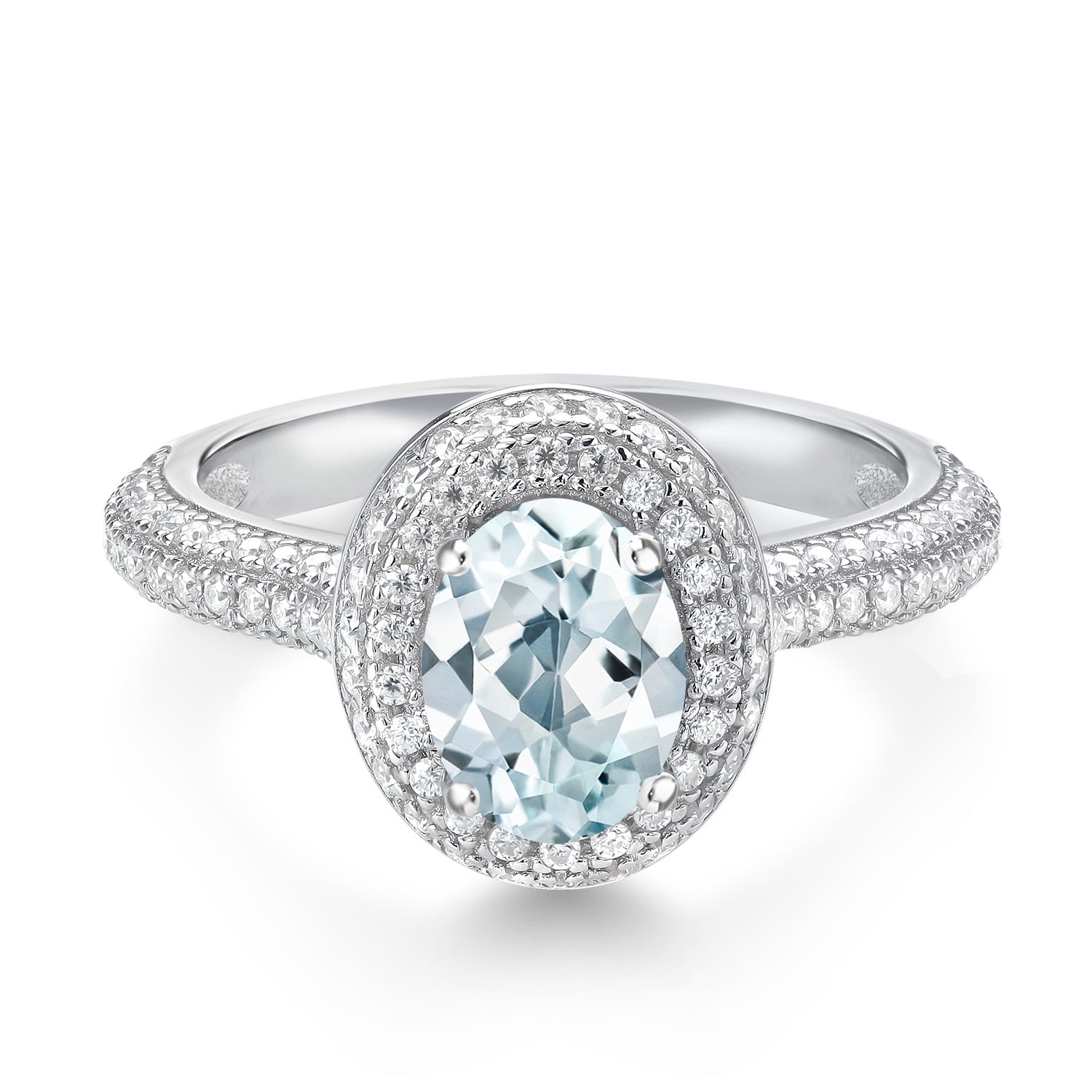 Gem Stone King 925 Sterling Silver Oval Sky Blue Aquamarine and White Moissanite Engagement Ring for Women (1.84 Cttw, Gemstone Birthstone, Available in Size 5, 6, 7, 8, 9)