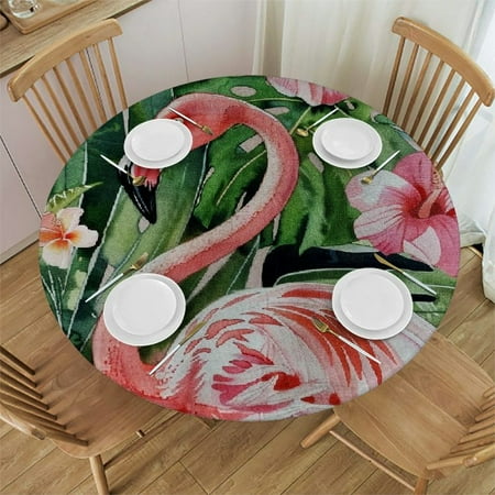 

BCIIG Flamingo Tropical Leaves Pink Flowers Round Table Cover Stain Resistant Washable Indoor Outdoor Tablecloth Kitchen Dining Wedding Parties Elastic Edge 100% Polyester Fiber 46-50