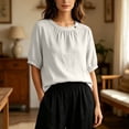 thumbnail image 5 of Womens Cotton Linen T Shirts Elbow Length Sleeve Crew Neck Tops for Women Summer Lightweight Tshirts, 5 of 6